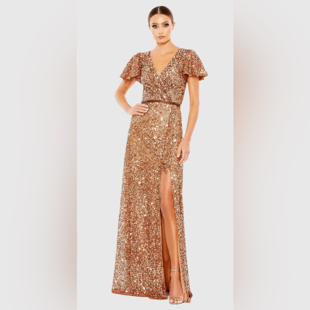 MAC DUGGAL 5540 Copper Sequined Wrap Over Butterfly Sleeve Draped Gown Sz 14
